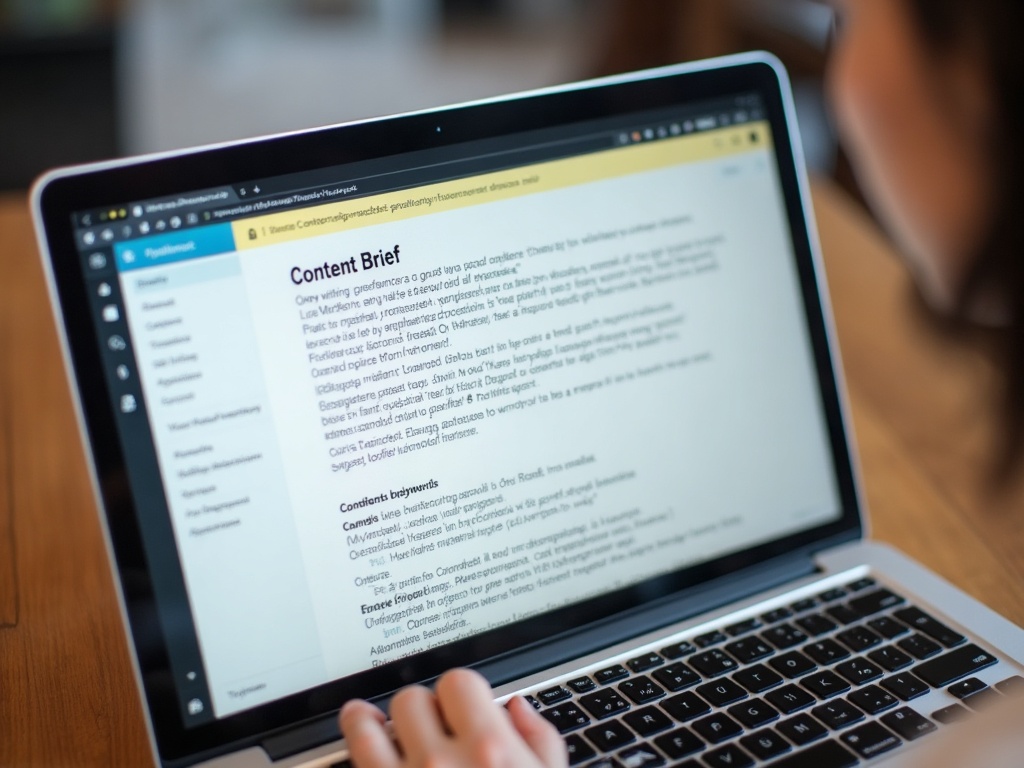 một content brief với dàn ý và từ khoá đang được tạo trên laptop