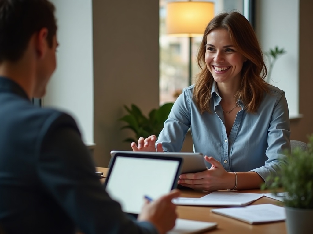 buổi phỏng vấn vòng đầu thân thiện, ghi chú trên máy tính bảng