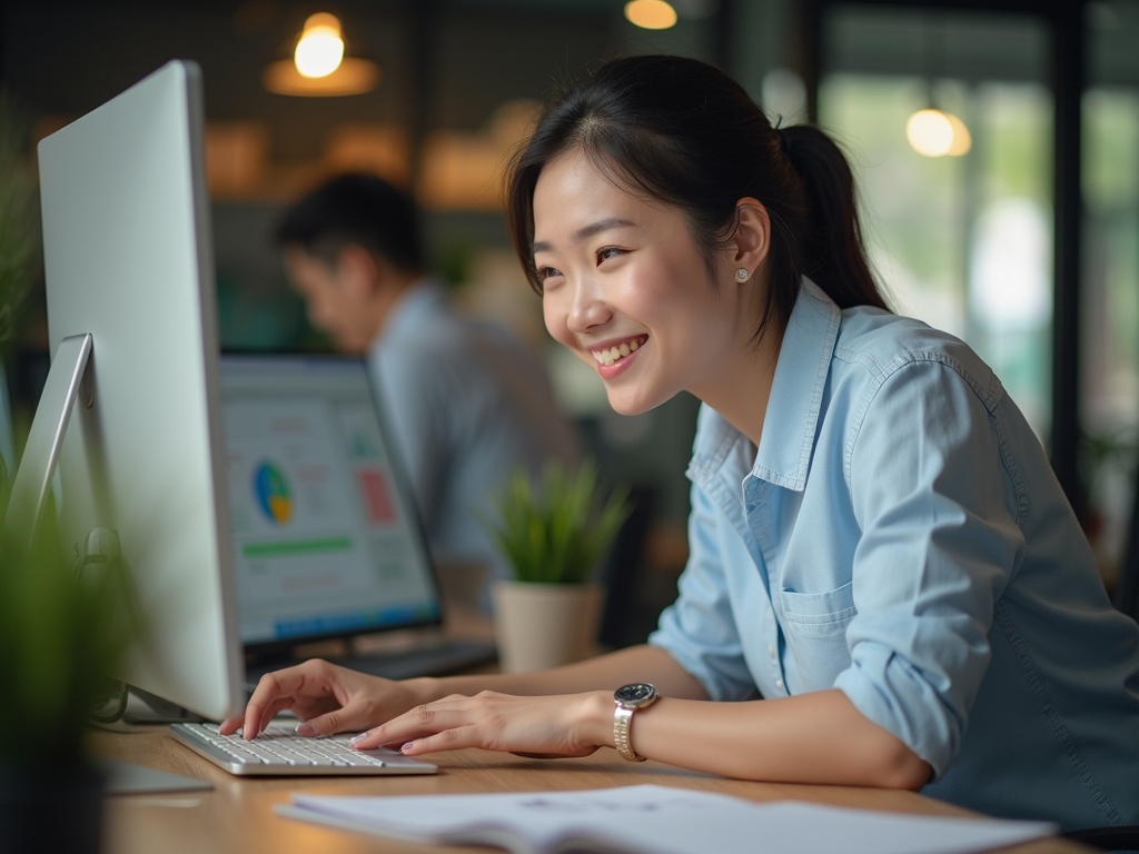 chủ shop nhỏ đang làm việc hiệu quả với quy trình tự động, tâm trạng nhẹ nhõm