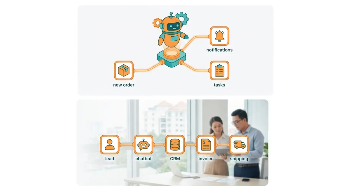 Luồng tự động: lead đến chatbot đến CRM đến hoá đơn đến ship